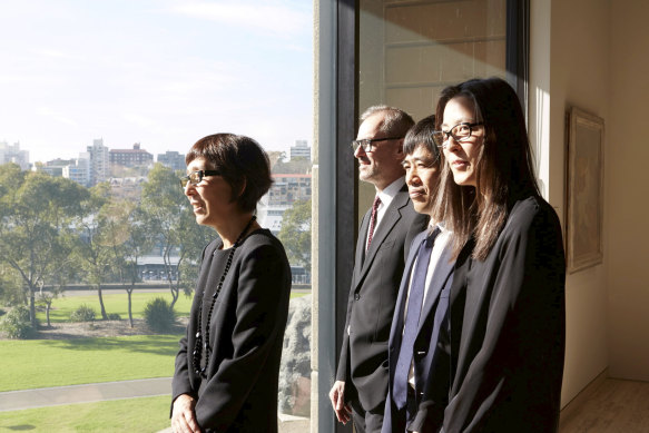 Gallery director Michael Brand with (from left) SANAA’s Kazuyo Sejima, Ryue Nishizawa and Yumiko Yamada, at the 2015 announcement that the Tokyo firm had won the international competition to build Sydney Modern.