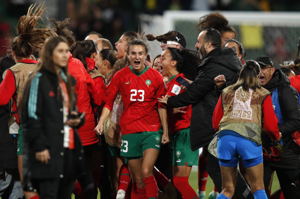 Morocco’s Rosella Ayane, centre, celebrates after her side’s victory over Colombia in Perth on Thursday.