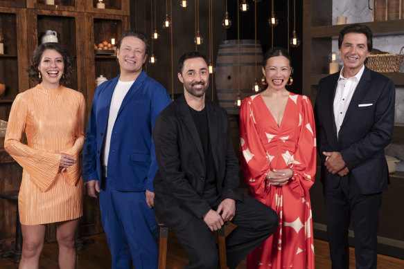 Meet your mostly new judges (from left): Sofia Levin, guest Jamie Oliver, Andy Allen, Poh Ling Yeow and Jean-Christophe Novelli.