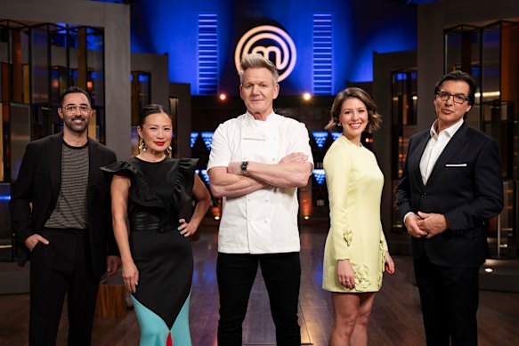 MasterChef judges Andy Allen, Poh Ling Yeow, Sofia Levin and Jean-Christophe Novelli, joined by guest Gordon Ramsay (centre).