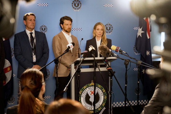 Rhys Muldoon, Dan Spielman and Joanne Froggatt front a press conference in North Shore.