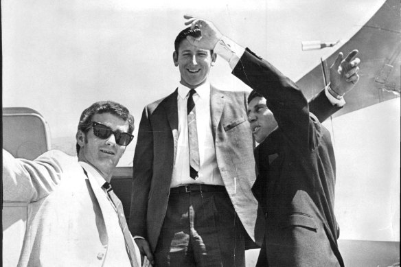 L-R: Ashley Mallett, Bill Lawry and Ian Chappell in 1969.