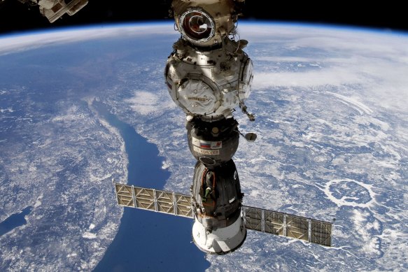 Russian cosmonaut Sergei Korsakov and released by Roscosmos State Space Corporation shows a Soyuz capsule of the International Space Station (ISS) during its fly.