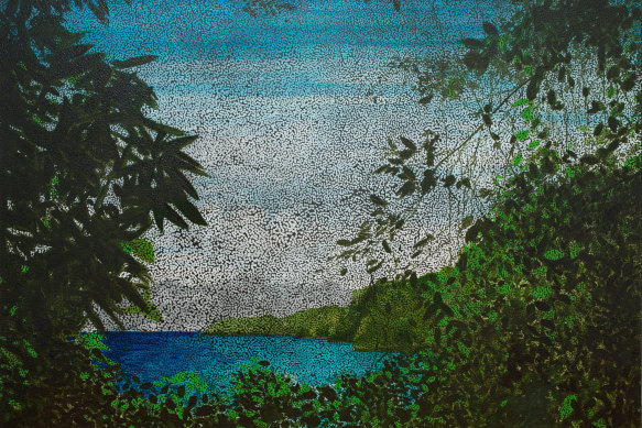 Daniel Boyd’s Untitled (PI3), 2013, oil and archival glue on linen.