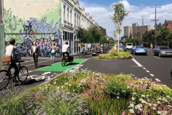 An artist’s render of the protected bike lane in Inkerman Street, St Kilda.