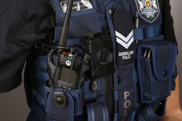 A body-worn camera on a Queensland police officer.