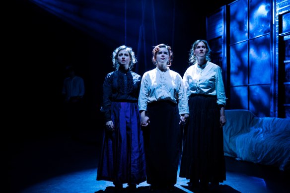 (From left) Joanna Halliday as Masha, Stella Carroll as Irina, and Mia Landgren as Olga in Three Sisters.