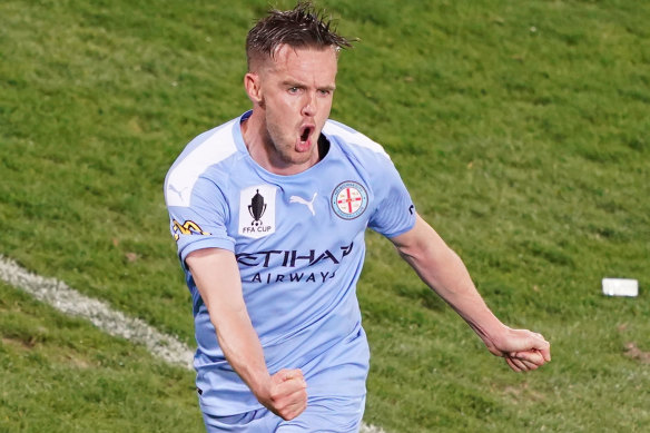 Craig Noone celebrates after scoring Melbourne City's third goal in their FFA Cup quarter-final against the Wanderers.