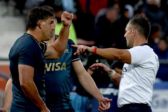 Argentina star Pablo Matera speaks to referee James Doleman during the draw with the Wallabies.