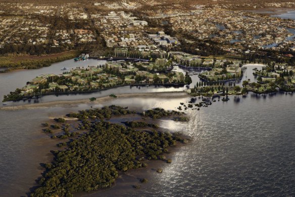 The Walker Group’s latest images for the development, with Cassim Island, used as a roosting site by migratory birds, in the foreground.