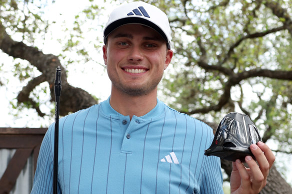 Ludvig Aberg shows his driver shaft and club head that flew off at Texas Open.