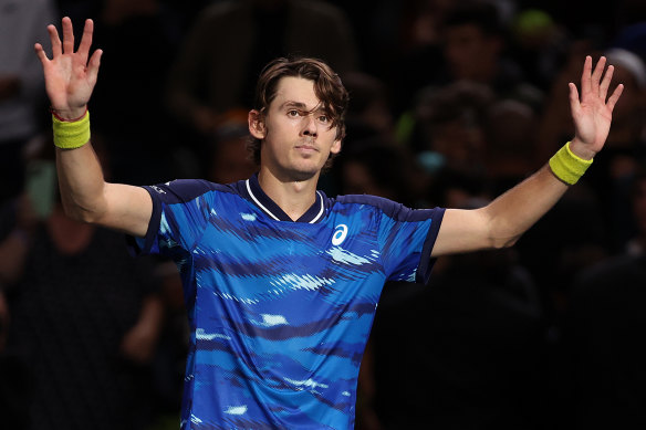 Alex De Minaur celebrates one of his biggest-ever wins in Paris.