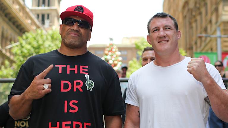 Sluggers: Paul Gallen and former NRL player John Hopoate pose for photographs at Martin Place after announcing the pair will face off in the boxing ring.