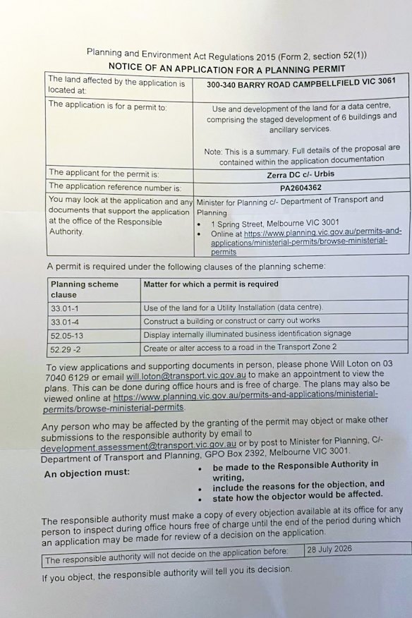 The notice sent to residents in Campbellfield notifying them of Zerra DC’s proposed data centre, which included no information about the size or impact of the centre and gave them just days to respond.