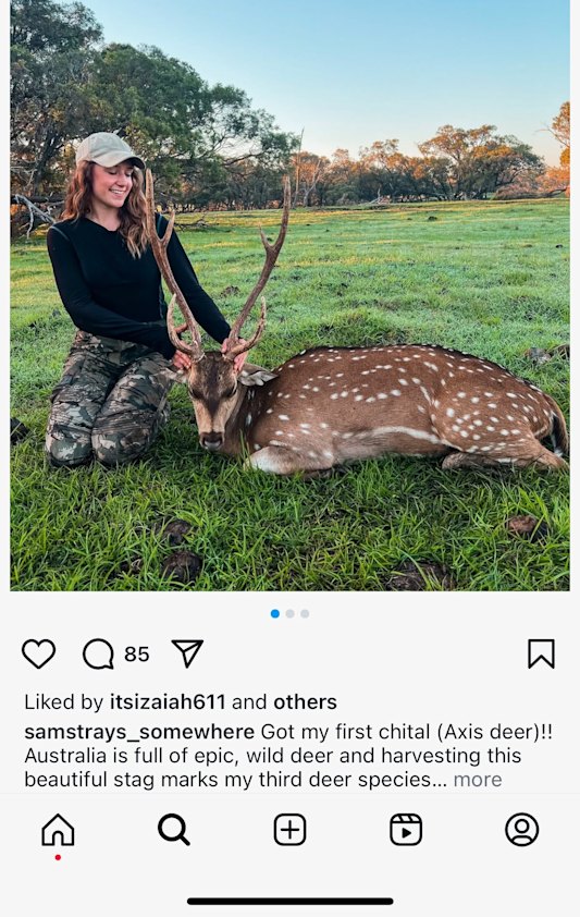 An image posted by Sam Jones to her Instagram account @samstrays_somewhere of an Australian chital she hunted.