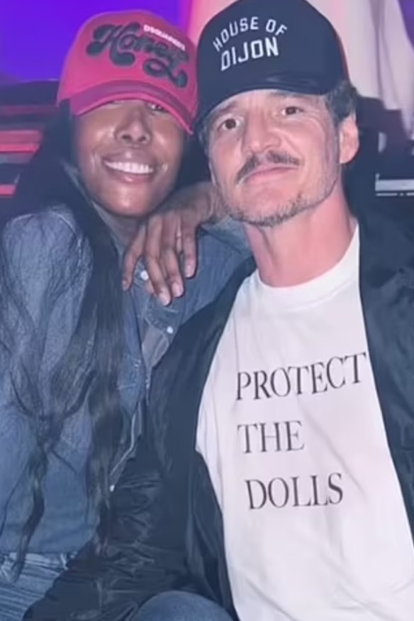 Pedro Pascal wearing Conner Ives slogan T-shirt at his 50th birthday celebrations with DJ Honey Dijon. 