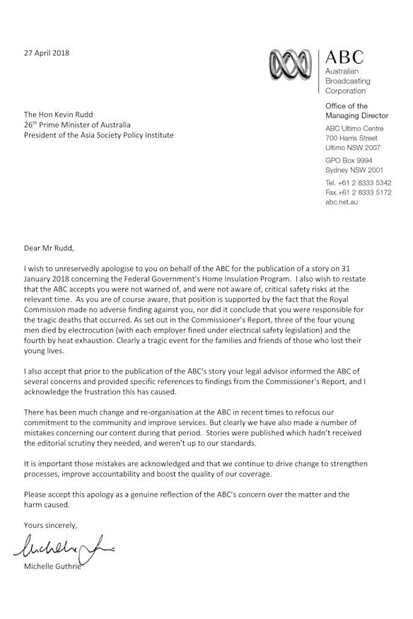 ABC boss Michelle Guthrie's apology letter to former PM Kevin Rudd.