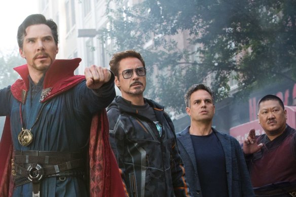 Doctor Strange (Benedict Cumberbatch), Iron Man (Robert Downey Jr), Hulk (Mark Ruffalo) and Wong (Benedict Wong) in Avengers: Infinity War.