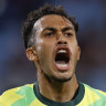 SYDNEY, AUSTRALIA - MARCH 20: Nishan Velupillay celebrates a goal during the round three FIFA 2026 World Cup AFC Asian Qualifier match between Australia Socceroos and Indonesia at Allianz Stadium on March 20, 2025 in Sydney, Australia. (Photo by Darrian Traynor/Getty Images)