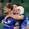 Zac Lomax celebrates scoring for the Western Force on Saturday night.
