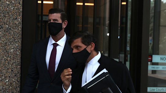 Ben Roberts-Smith and his barrister, Arthur Moses, SC, leave the Federal Court on Monday.