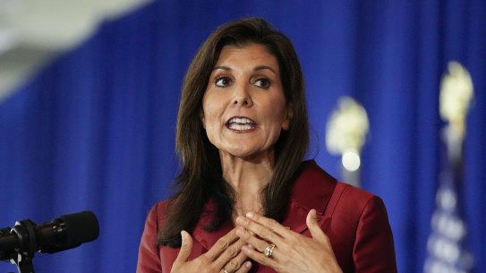 Republican presidential candidate former UN ambassador Nikki Haley speaking at an election night event in Charleston.