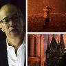 Clockwise from left, neurosurgeon Dr Charlie Teo, a firefighter overwhelmed by flames in Orangeville NSW, Oscar winners Olivia Colman and Regina King, Notre Dame cathedral in Paris.