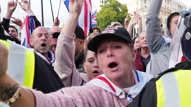 ‘Celebrating murder’: Far-right protest turns violent as Musk blames the left for Charlie Kirk’s death