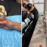 Bulldogs coach Cameron Ciraldo has his hand stitched up after the Canberra Stadium window shattered in his coach’s box.