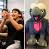 North Sydney Boys students at their celebration on Thursday, left, and their plush toy mascot, Don the Falcon. 