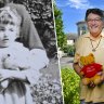 A composite image of Jennifer Catlin and her childhood teddy bear at former Presbyterian Babies Home in Camberwell on Monday (right) and as a toddler at the home (left).