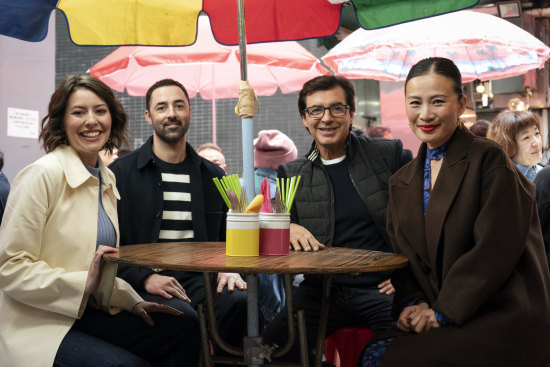 MasterChef judges Sofia Levin, Andy Allen, Jean-Christophe Novelli and Poh Ling Yeow on the streets of Hong Kong.