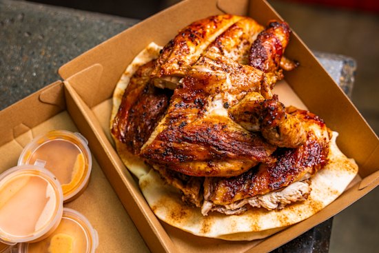 24-hour marinated charcoal chicken comes with Lebanese pita bread at Habibi Chicken’s Preston outlet.