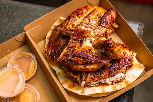 24-hour marinated charcoal chicken comes with Lebanese pita bread at Habibi Chicken’s Preston outlet.