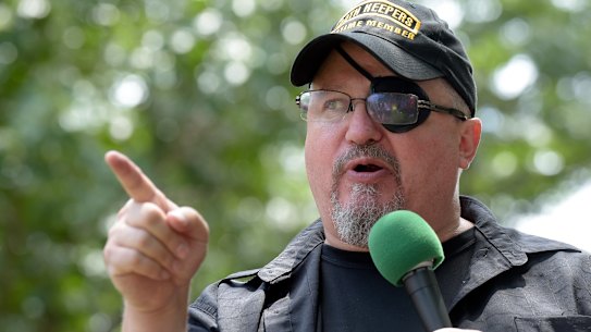 tewart Rhodes, founder of the citizen militia group known as the Oath Keepers, speaks during a rally outside the White House in Washington in 2017.