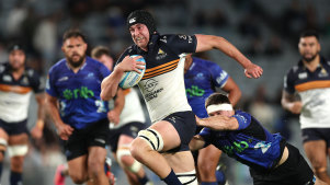 AUCKLAND, NEW ZEALAND - JUNE 14: Nick Frost of the Brumbies makes a break during the Super Rugby Pacific Semi Final match between Blues and ACT Brumbies at Eden Park, on June 14, 2024, in Auckland, New Zealand. (Photo by Phil Walter/Getty Images)