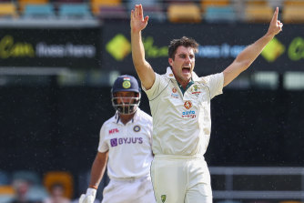Pat Cummins takes the wicket of India’s Cheteshwar Pujara on the final day of the fourth Test at the Gabba in January. 