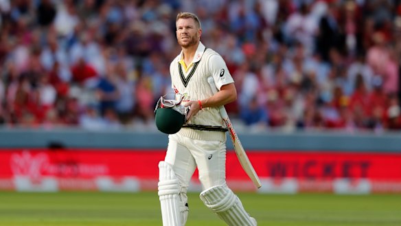 David Warner leaves the middle after being bowled by Stuart Broad.