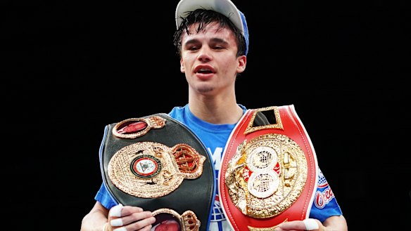 Unanimous decision: Brock Jarvis celebrates his win at the Bendigo Stadium in Victoria.
