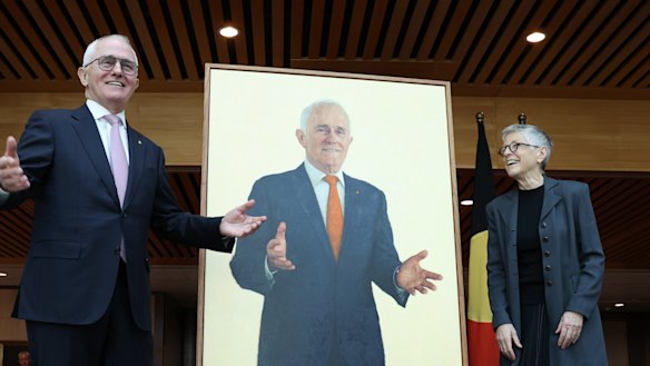 Malcolm Turnbull and artist Jude Rae at the unveiling of the portrait of the former PM on Thursday.