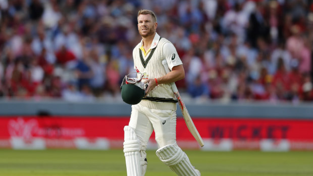 David Warner leaves the middle after being bowled by Stuart Broad.