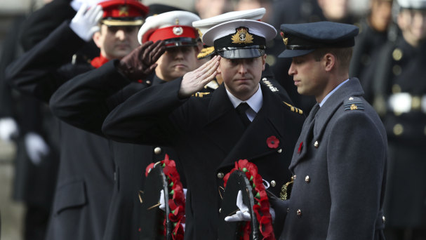 Prince William lays a wreath during the Remembrance Day service in Whitehall, London on Sunday.
