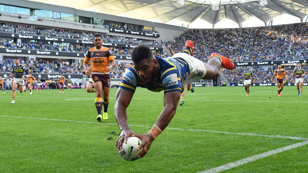 Maika Sivo soars for another spectacular try in the Eels' big win over Brisbane.