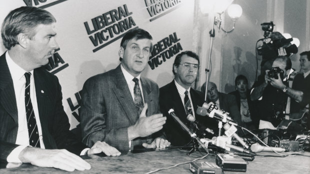 Pat McNamara, Jeff Kennett and Phil Gude at a press conference after the leadership change.