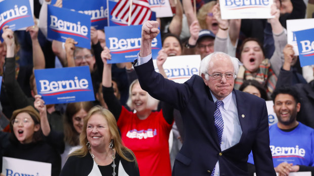 'Not far-left': Democratic presidential candidate Senator Bernie Sanders at a primary night election rally in Manchester, New Hampshire.