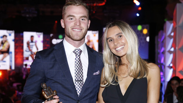 Tom Mitchell and his partner Hannah Davis, after Mitchell won the AFLPA MVP award.