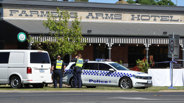 Victoria Police at the Farmers Arms Hotel in Creswick where Mr Blake died. 