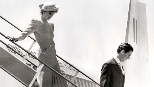 The royal couple arrives at Tullamarine Airport in 1985.