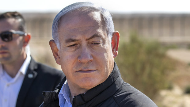 Israel's Prime Minister Benjamin Netanyahu visits the southern border with Egypt at Nitzana, Israel, in the Negev Desert, on March 7.