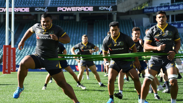 Ready: The Wallabies go through their paces at Allianz Stadium on Friday. 